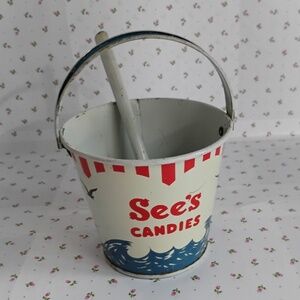 SEE's CANDIES:  Vintage Metal Sand Bucket Beach Pail - Original Shovel Included